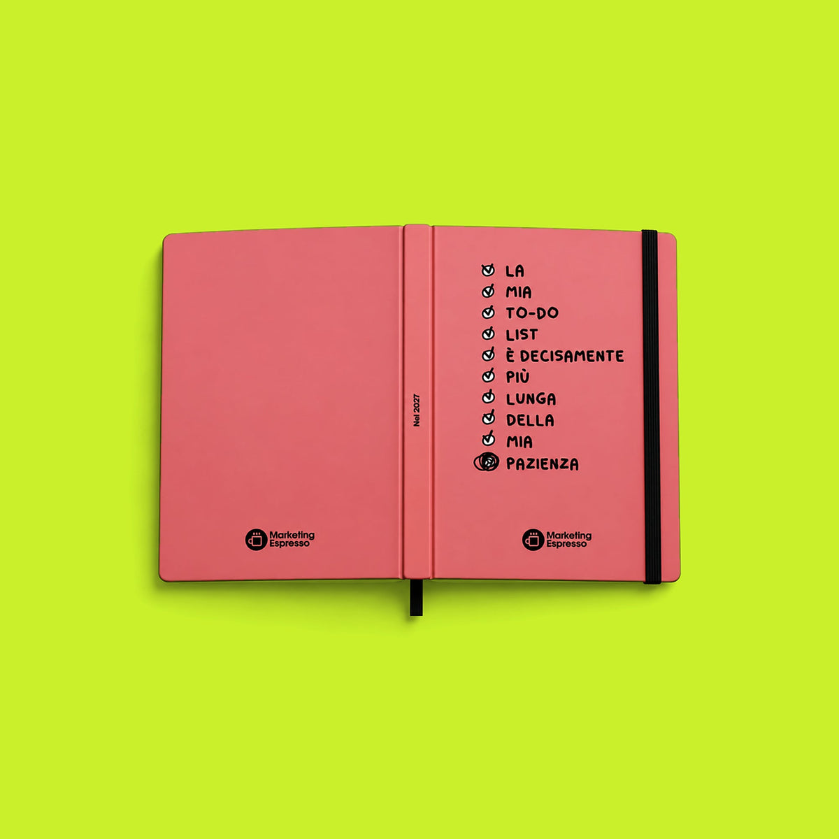 Agenda 2027 Rosa – fronte, dorso e retro con elastico nero