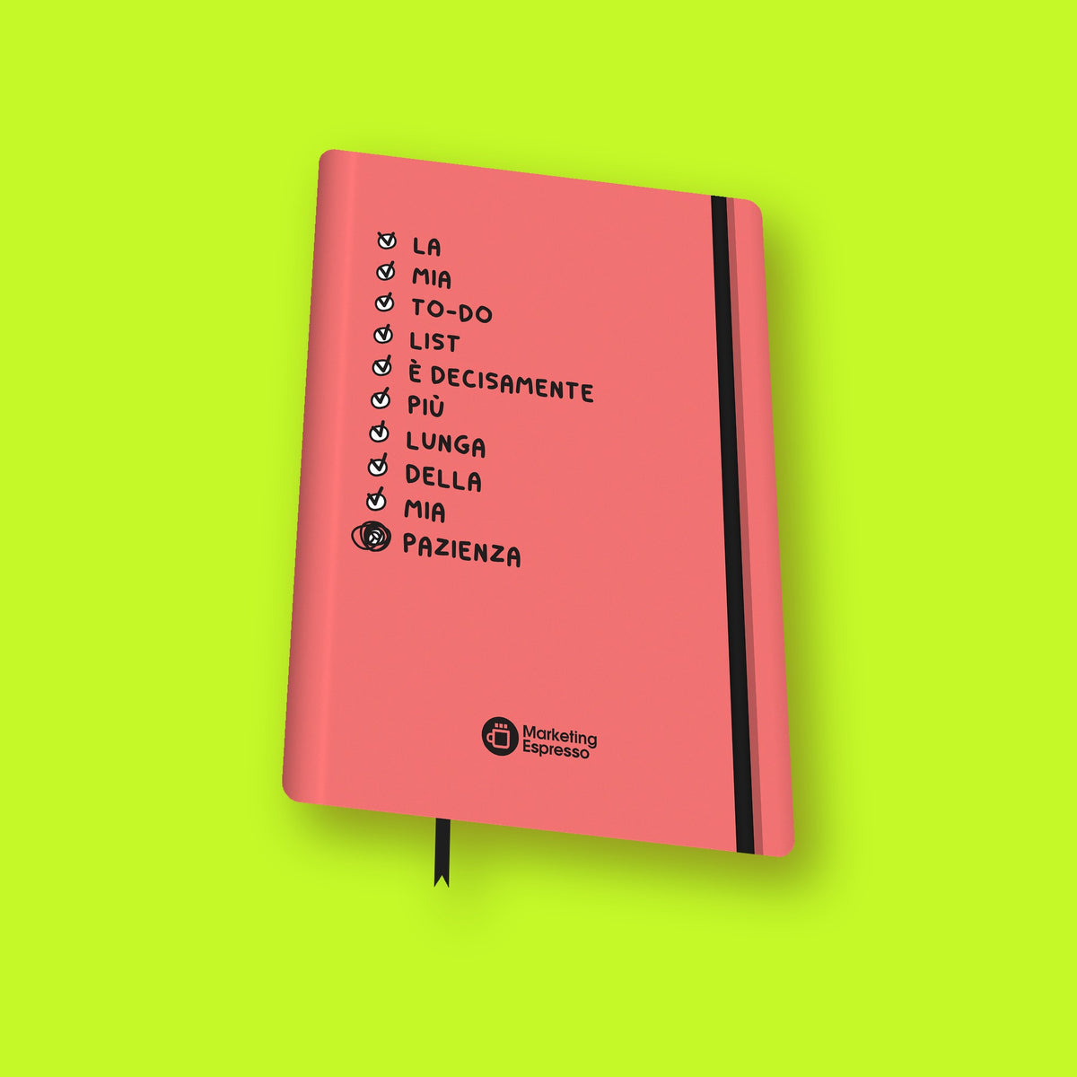 Agenda 2027 Rosa – vista in prospettiva con elastico e segnalibro neri